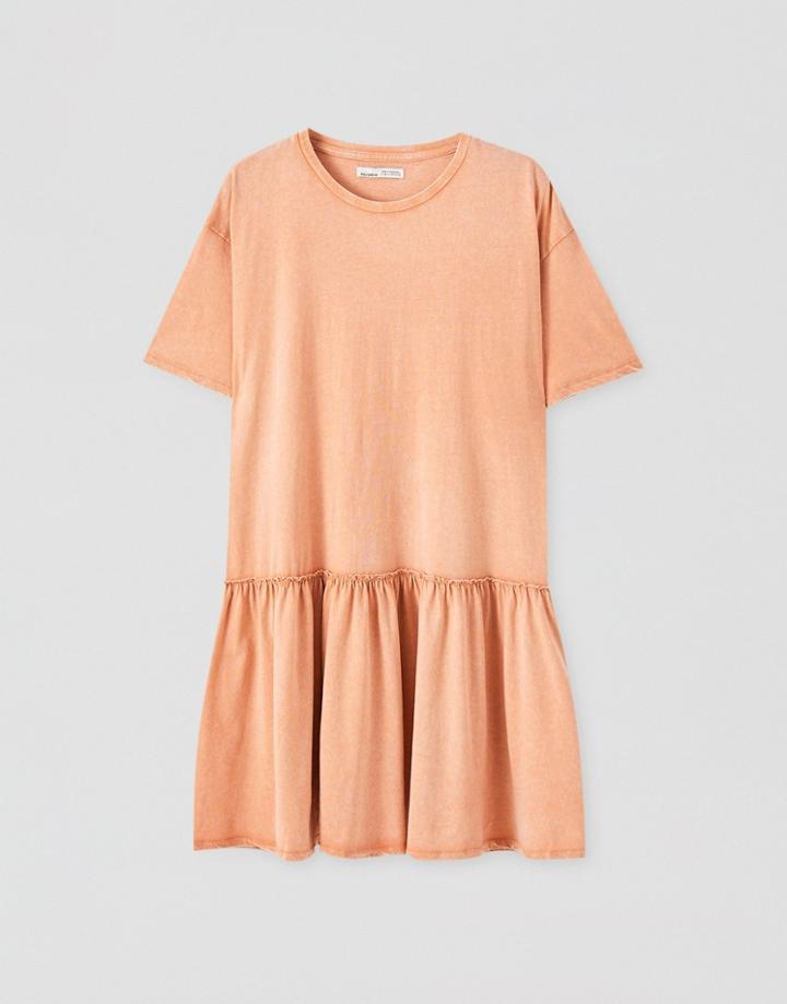 Pull & Bear Smock Dress In Washed Coral-pink