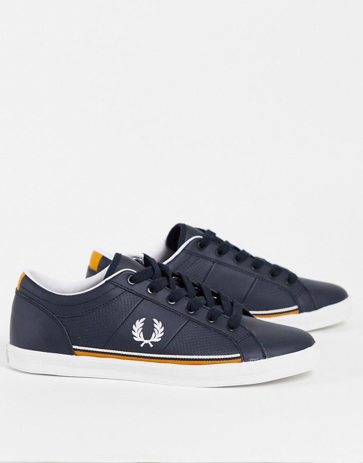Fred Perry Baseline Perf Leather Sneakers With Tipped Sole In Navy