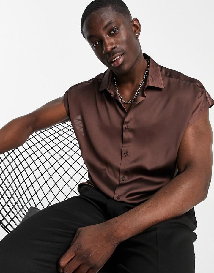 Asos Design Satin Shirt With Cap Sleeve In Taupe-brown