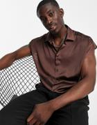 Asos Design Satin Shirt With Cap Sleeve In Taupe-brown
