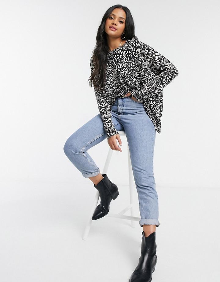Miss Selfridge Long Sleeve Oversized T-shirt In Monochrome Animal-black
