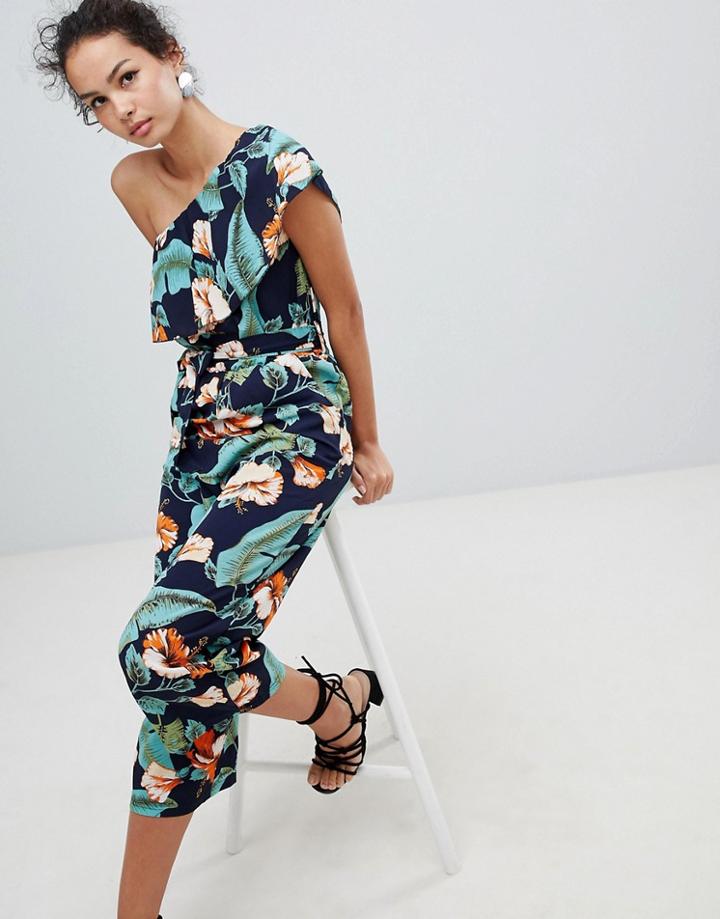 Qed London One Shoulder Frill Jumpsuit In Tropical Floral Print - Navy