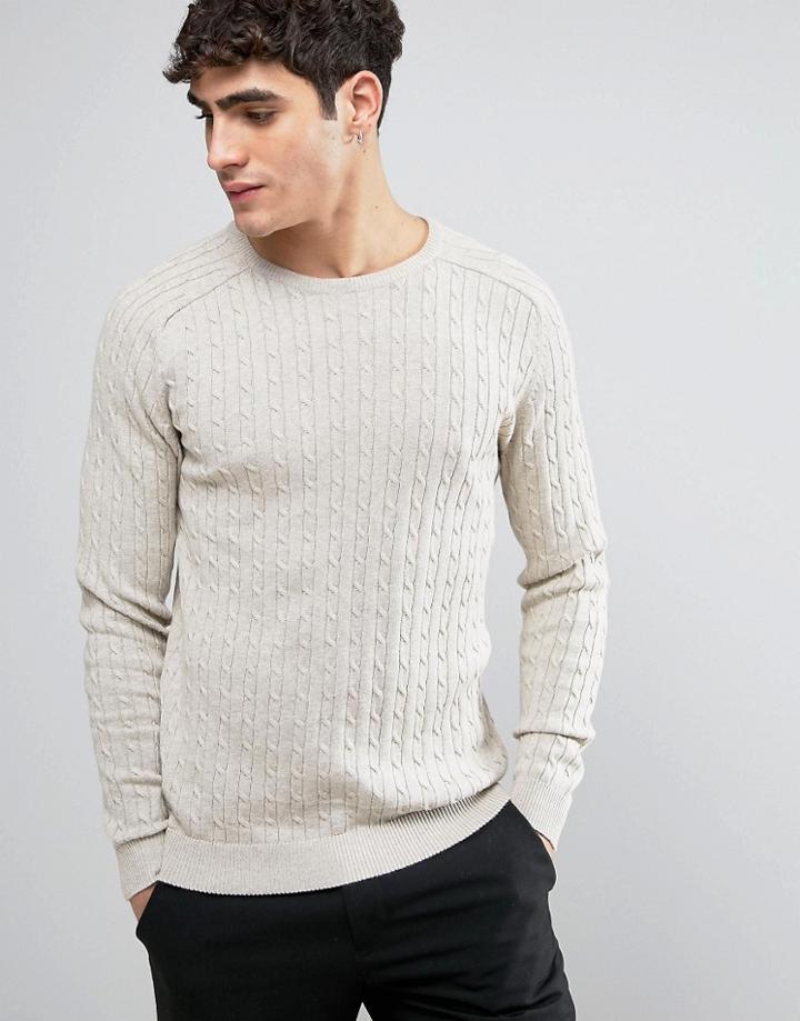 Selected Homme 100 % Cotton Crew Neck Knitted Cable Sweater - Beige