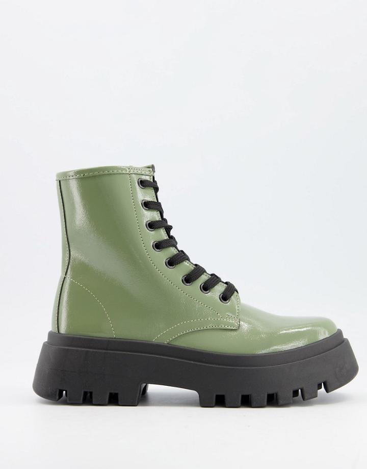 Asos Design Alert Chunky Lace Up Boots In Black-green