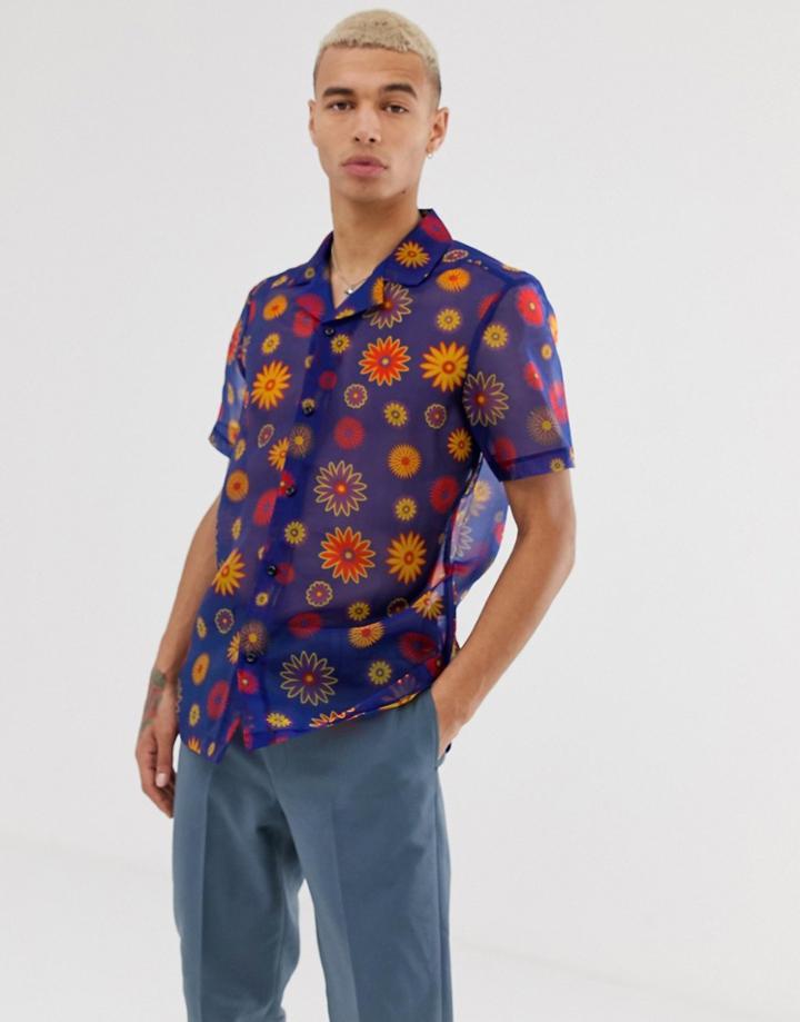 Asos Design Regular Shirt With Bright Daisy Print - Blue