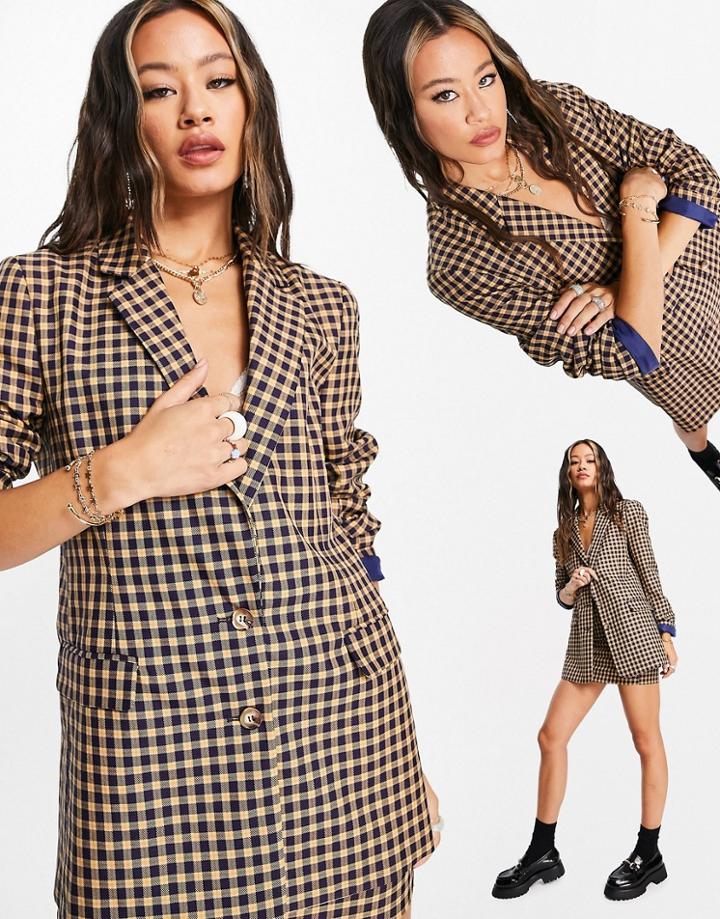 Asos Design Shrunken Dad Suit Blazer In Navy And Yellow Check-multi