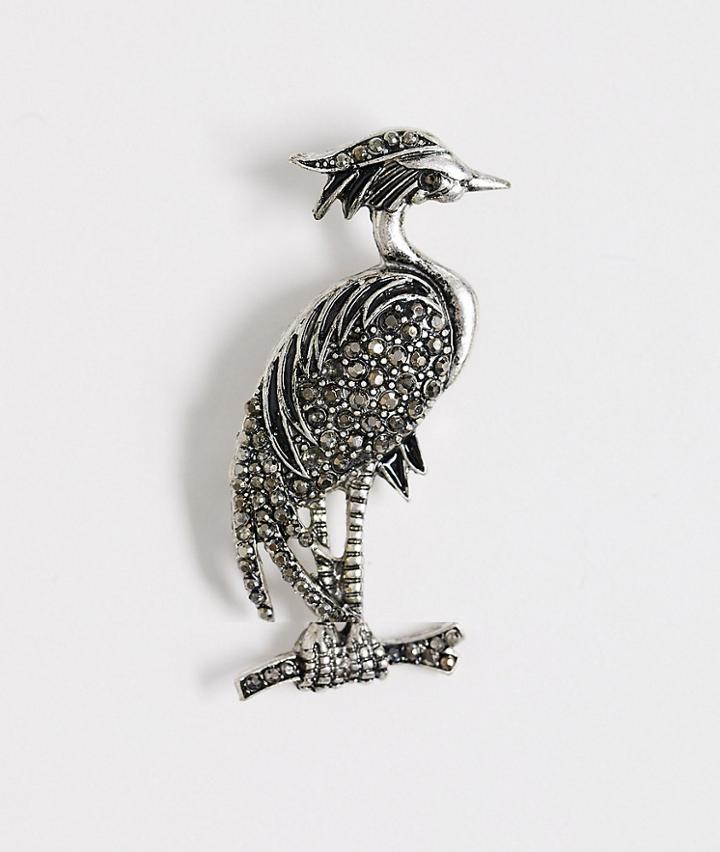Asos Design Heron Crystal Brooch With Black Stones In Gold Tone