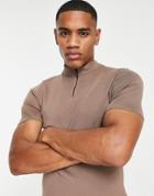 River Island Knitted Half Zip T-shirt In Brown