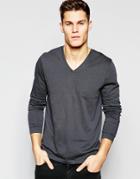 Asos Long Sleeve T-shirt With V Neck In Washed Black - Washed Black