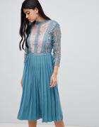 Little Mistress Lace Sleeve Pleated Midi Dress In Aqua - Green