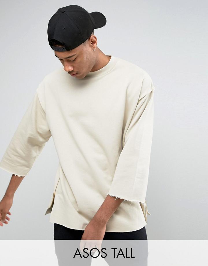 Asos Tall Oversized Longline Sweatshirt With Raw Edges & Side Zips - Beige