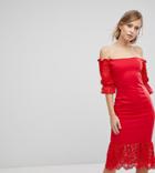 Silver Bloom Lace Insert Bodycon Midi Dress - Red