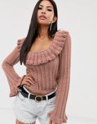 Asos Design Square Neck Stitch Detail Sweater With Ruffle-pink