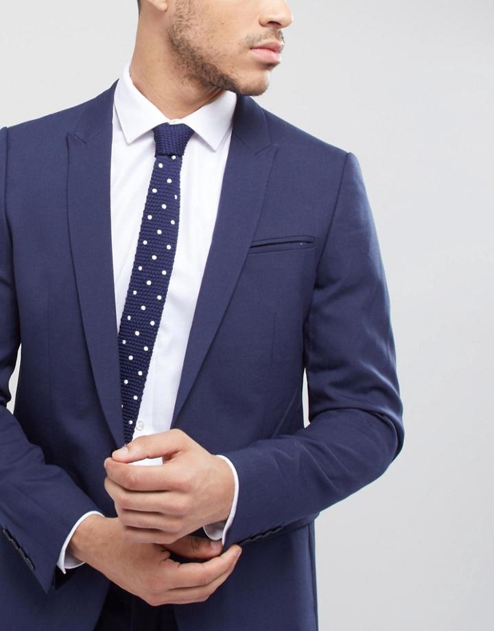 Asos Knitted Polka Dot Tie In Navy - Navy