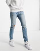 Asos Design Skinny Jeans In Tinted Light Wash With Abrasions-blues