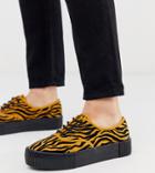 Monki Tiger Print Faux Suede Platform Plimsolls In Black And Mustard - Brown