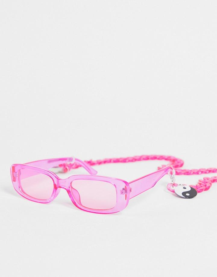 Public Desire Square Sunglasses With Multi Charm Detachable Chain In Neon Pink