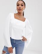Asos Design Square Neck Top With Volume Sleeve-white