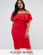 Club L Plus Bardot Dress With Frill Overlay - Red