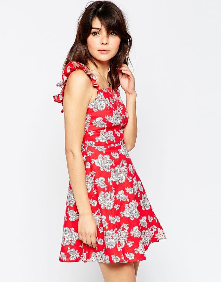 Asos Button Front Sundress With Off Shoulder Detail In Floral Print - Multi