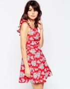 Asos Button Front Sundress With Off Shoulder Detail In Floral Print - Multi