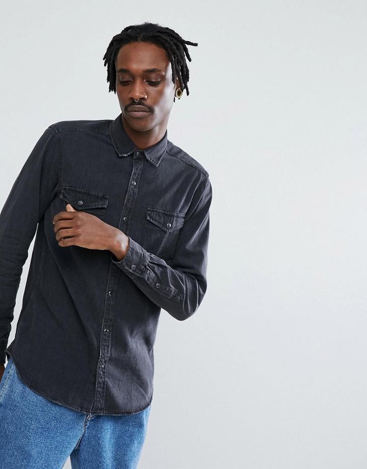 Pull & Bear Regular Fit Denim Shirt In Washed Black - Black