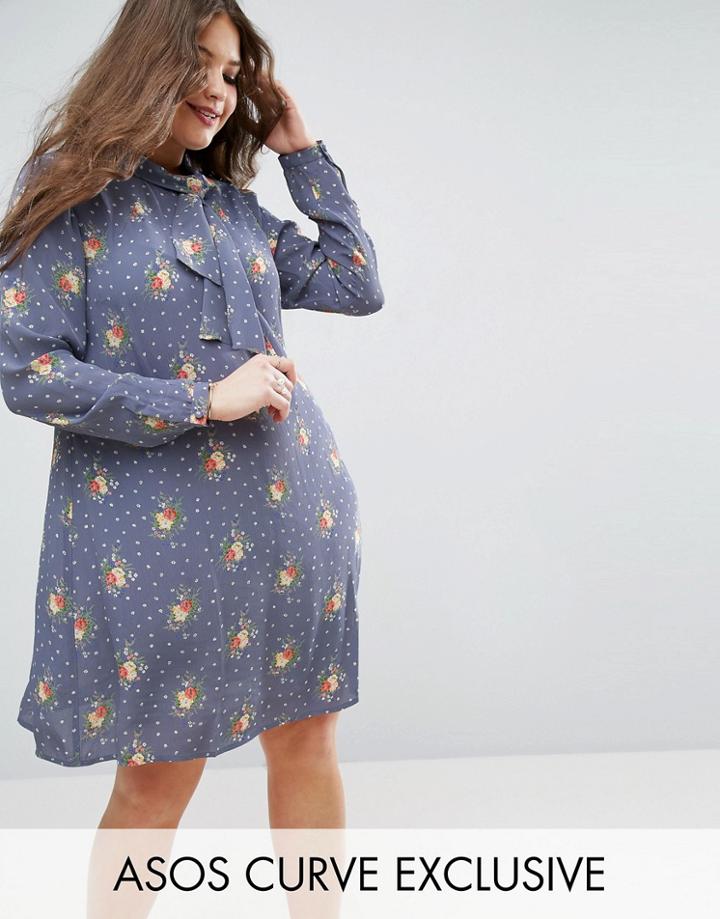 Asos Curve Pretty Floral Swing Dress With Collar Detail - Multi