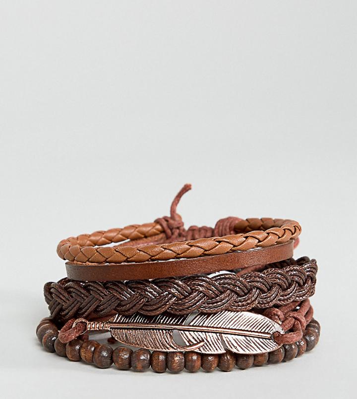 Asos Design Plus Bracelet Pack In Brown With Rose Gold Feather - Brown