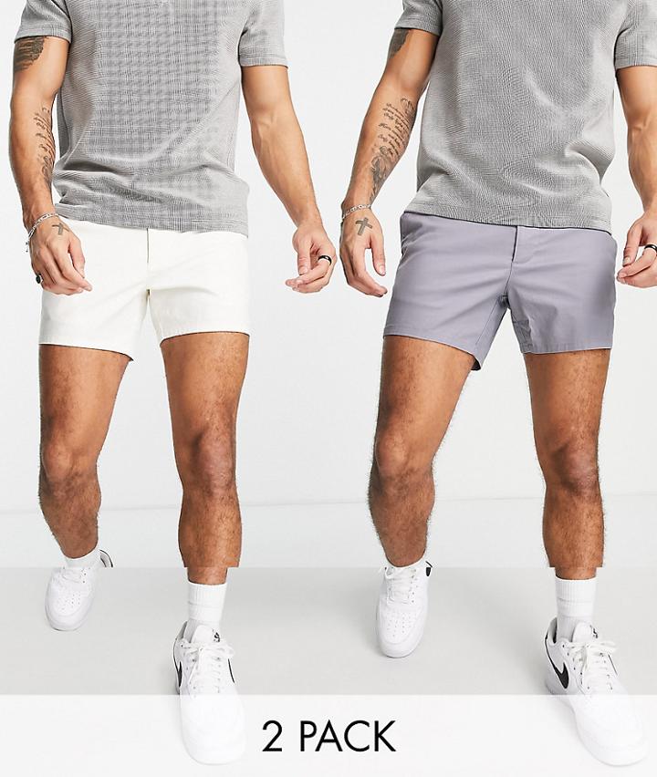 Asos Design 2 Pack Slim Chino Shorts In Blue And Off White Save-multi