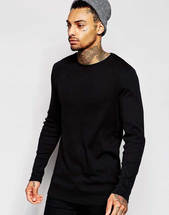 Asos Rib Longline Muscle Long Sleeve T-shirt In Black - Black