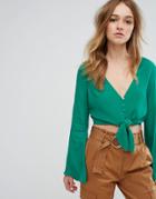 Bershka Tie Front Button Crop Top - Green