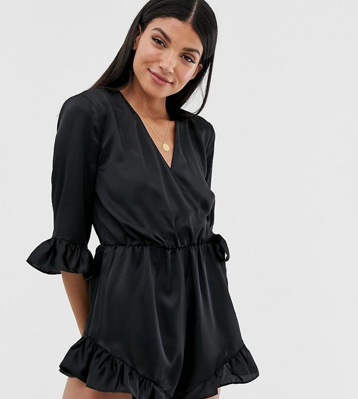 Asos Design Tall Frill Short Romper In Satin-pink