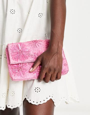 Accessorize Mini Clutch Bag In Pink Beaded Straw