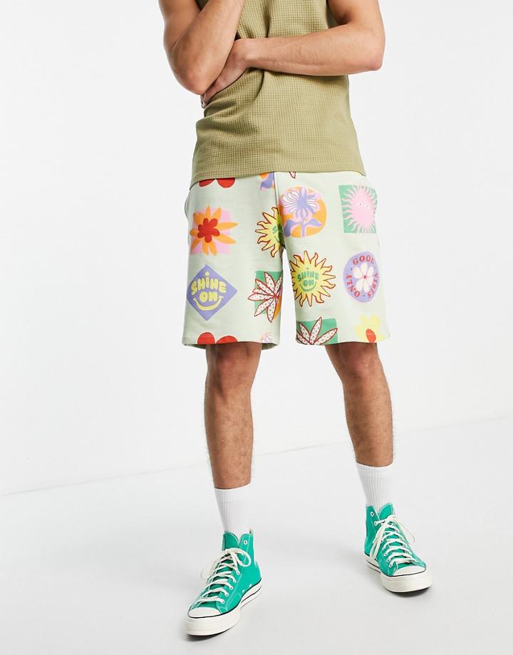 Asos Design Oversized Jersey Shorts In Green With All Over Prints - Part Of A Set-multi