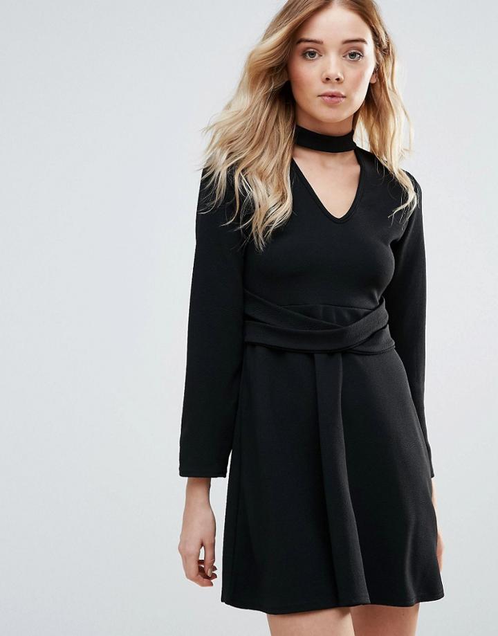 Daisy Street Skater Dress With Choker Neckline And Waist Belt - Black