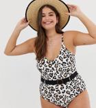 New Look Curve Belted Swimsuit In Animal Print - White