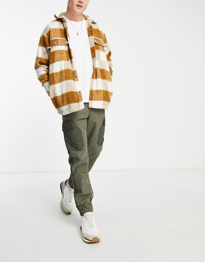 River Island Tapered Blocked Cargo Pants In Washed Khaki-green