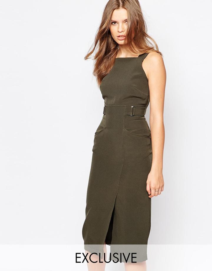 Twin Sister Midi Pinafore Dress - Khaki