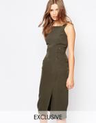 Twin Sister Midi Pinafore Dress - Khaki