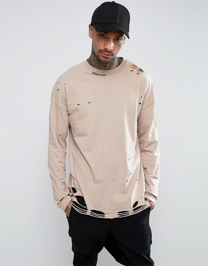 Asos Oversized Long Sleeve T-shirt In Beige With Extreme Distress - Beige