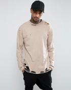Asos Oversized Long Sleeve T-shirt In Beige With Extreme Distress - Beige