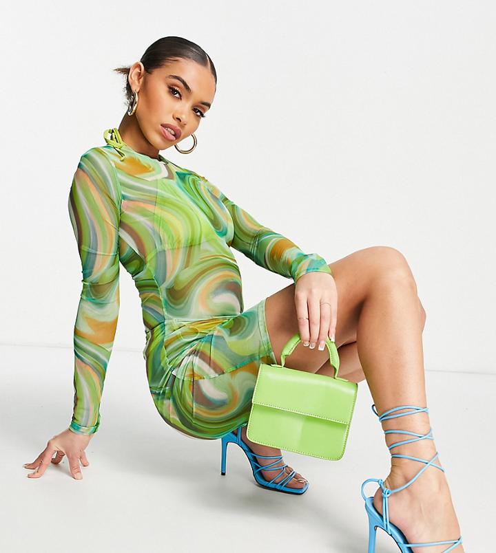 Asyou Long Sleeve Mesh Mini Dress In Green