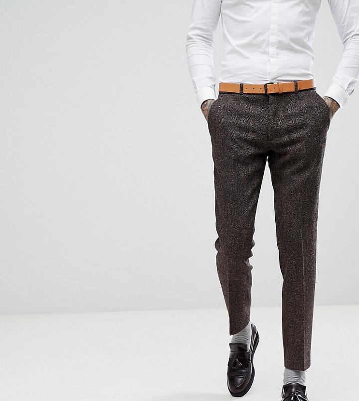 Heart & Dagger Skinny Suit Pants In Harris Tweed In Herringbone - Brown