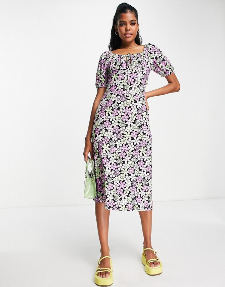 Qed London Midi Dress In 70s Floral Print-multi