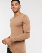 Asos Design Muscle Fit Merino Wool Crew Neck Sweater In Tobacco Heather-brown