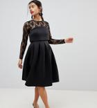 Asos Petite Lace Long Sleeve Crop Top Prom Dress - Black