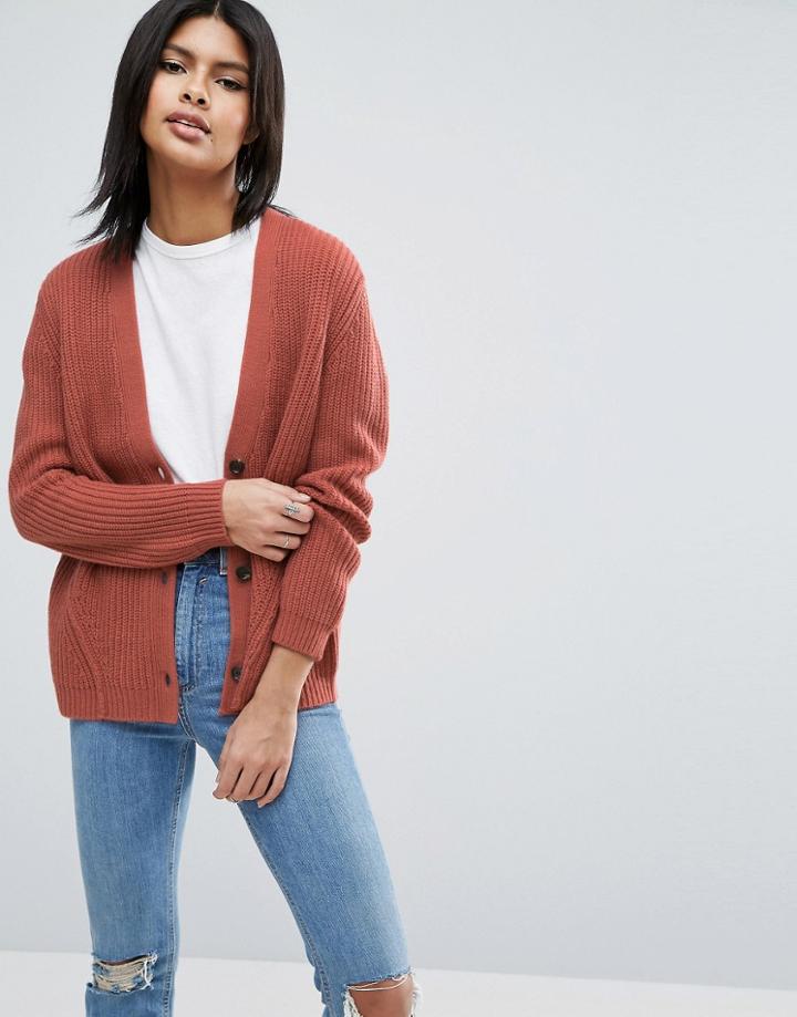 Asos Boyfriend Cardigan In Chunky Rib - Purple