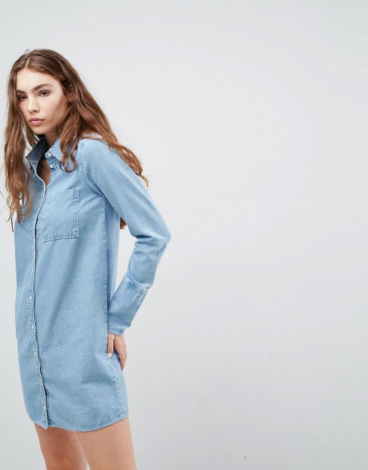 Asos Denim Shirt Dress With Deep Cuff Detail - Blue