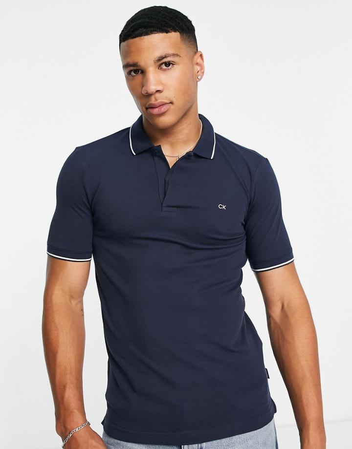 Calvin Klein Stretch Pique Tipping Slim Fit Polo In Navy