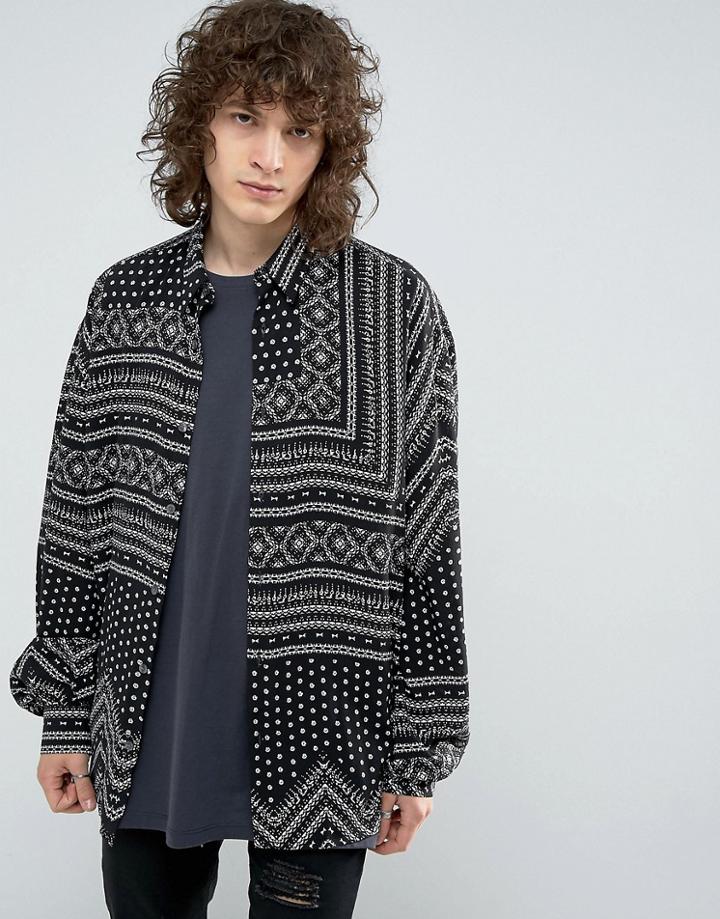 Asos Regular Fit Viscose Shirt With Geo-tribal Print And Fluffed Cuffs - Black